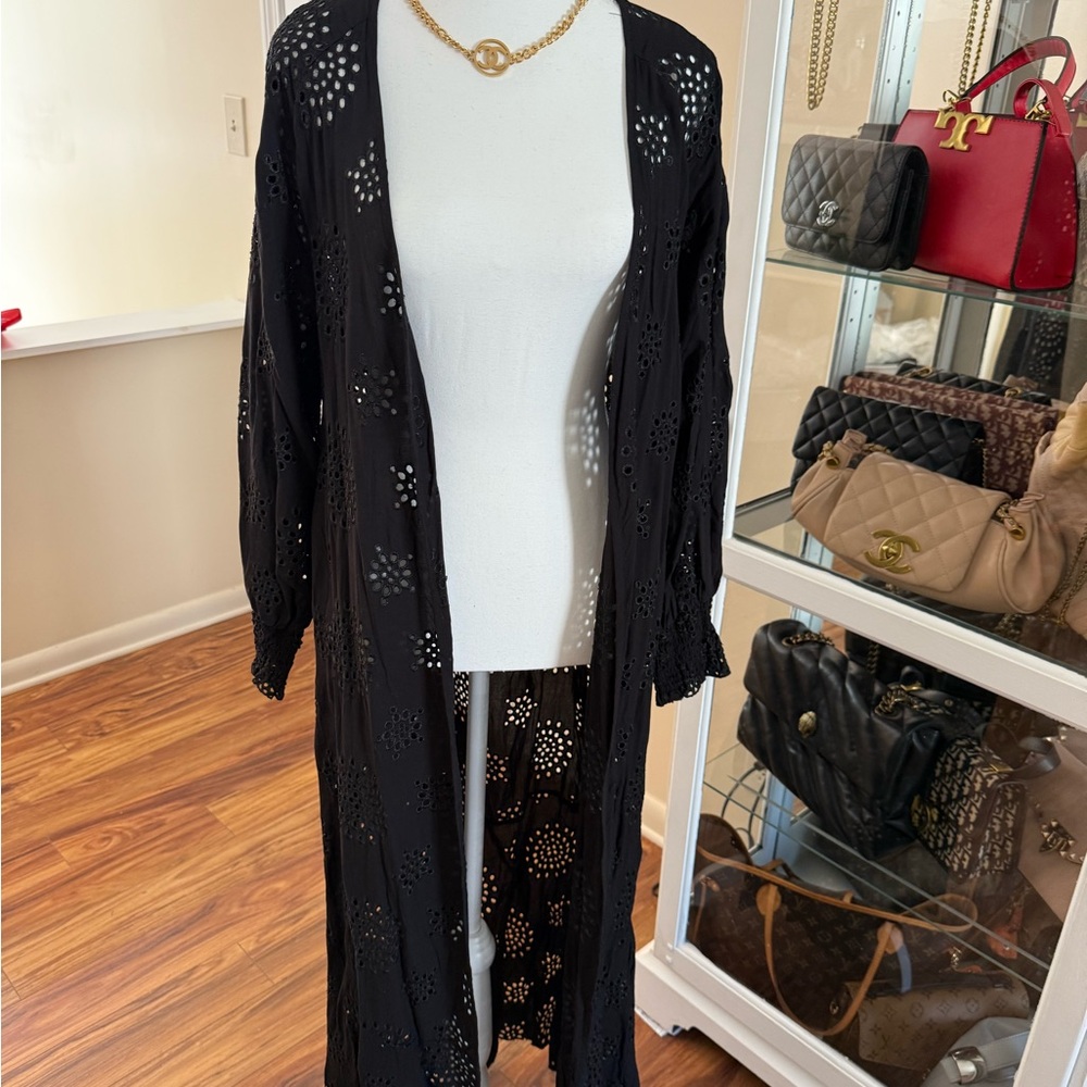 Elan Black Women's Cardigan with Eyelet Design